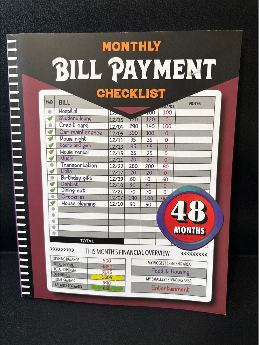 Monthly Bill Payment Checklist Financial Planner Notebook - 48 Months